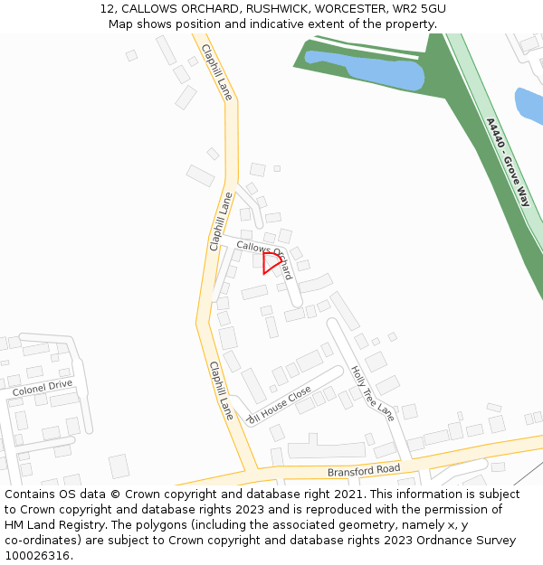 12, CALLOWS ORCHARD, RUSHWICK, WORCESTER, WR2 5GU: Location map and indicative extent of plot