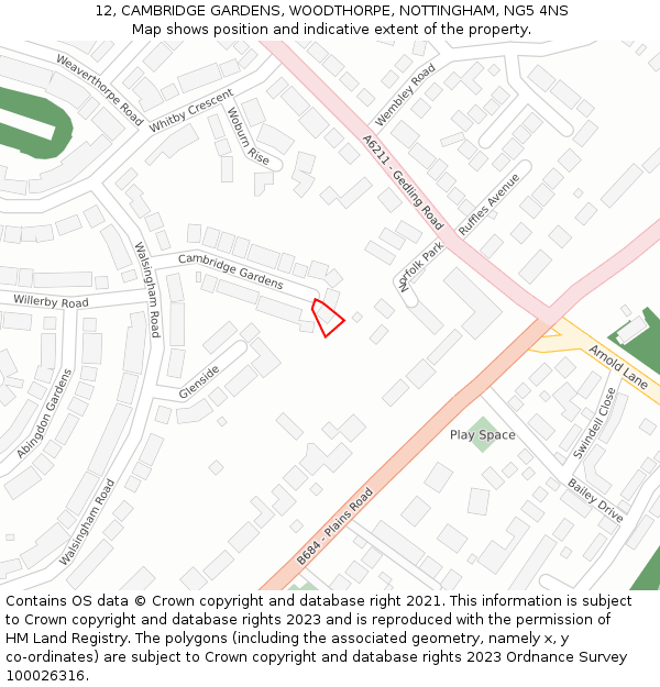 12, CAMBRIDGE GARDENS, WOODTHORPE, NOTTINGHAM, NG5 4NS: Location map and indicative extent of plot