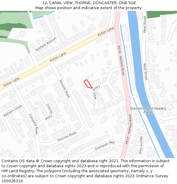 12, CANAL VIEW, THORNE, DONCASTER, DN8 5GE: Location map and indicative extent of plot