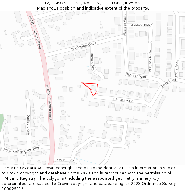 12, CANON CLOSE, WATTON, THETFORD, IP25 6RF: Location map and indicative extent of plot
