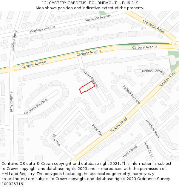 12, CARBERY GARDENS, BOURNEMOUTH, BH6 3LS: Location map and indicative extent of plot