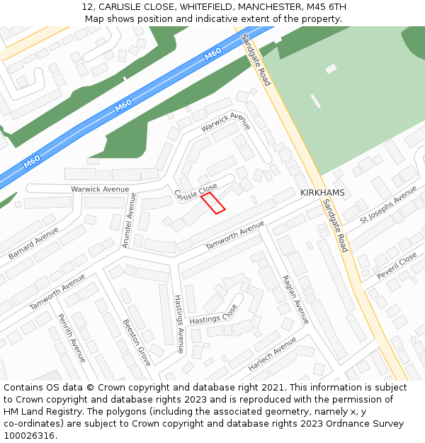 12, CARLISLE CLOSE, WHITEFIELD, MANCHESTER, M45 6TH: Location map and indicative extent of plot