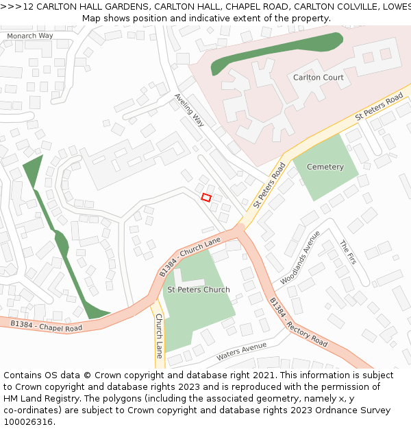 12 CARLTON HALL GARDENS, CARLTON HALL, CHAPEL ROAD, CARLTON COLVILLE, LOWESTOFT, NR33 8BL: Location map and indicative extent of plot