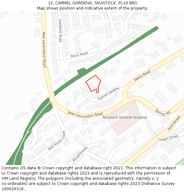12, CARMEL GARDENS, TAVISTOCK, PL19 8RG: Location map and indicative extent of plot
