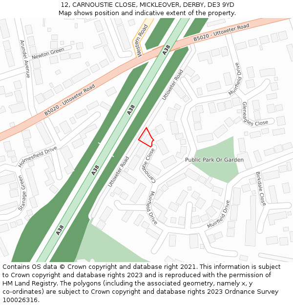 12, CARNOUSTIE CLOSE, MICKLEOVER, DERBY, DE3 9YD: Location map and indicative extent of plot