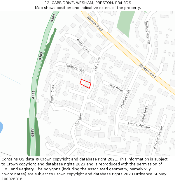 12, CARR DRIVE, WESHAM, PRESTON, PR4 3DS: Location map and indicative extent of plot
