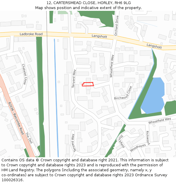 12, CARTERSMEAD CLOSE, HORLEY, RH6 9LG: Location map and indicative extent of plot