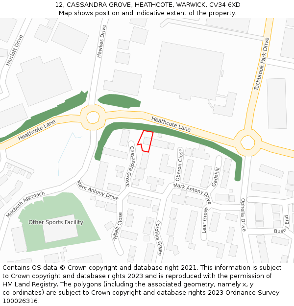 12, CASSANDRA GROVE, HEATHCOTE, WARWICK, CV34 6XD: Location map and indicative extent of plot