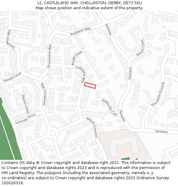 12, CASTLELAND WAY, CHELLASTON, DERBY, DE73 5XU: Location map and indicative extent of plot