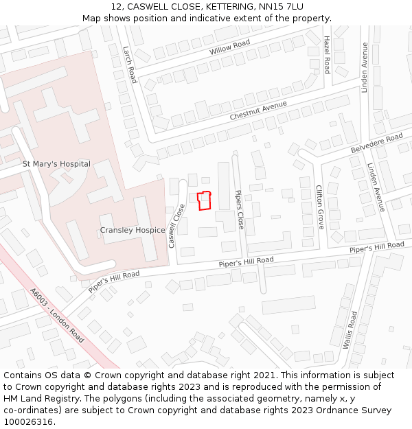 12, CASWELL CLOSE, KETTERING, NN15 7LU: Location map and indicative extent of plot