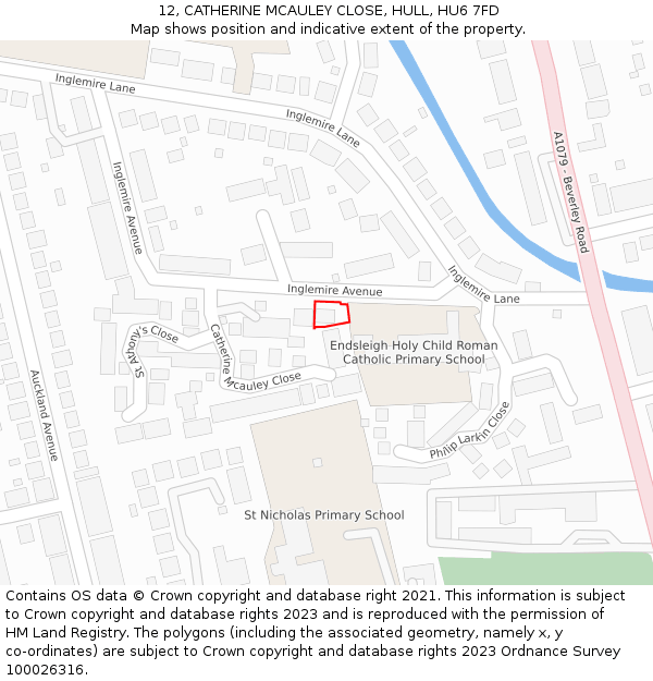 12, CATHERINE MCAULEY CLOSE, HULL, HU6 7FD: Location map and indicative extent of plot