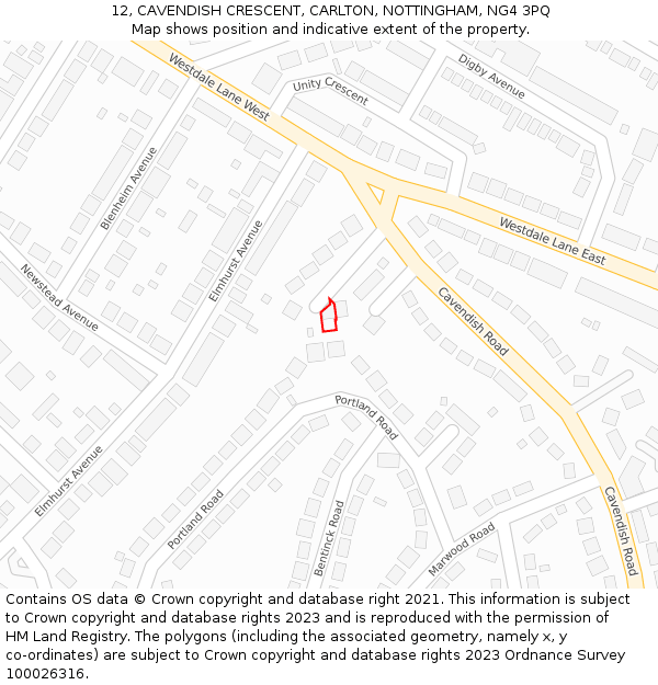 12, CAVENDISH CRESCENT, CARLTON, NOTTINGHAM, NG4 3PQ: Location map and indicative extent of plot