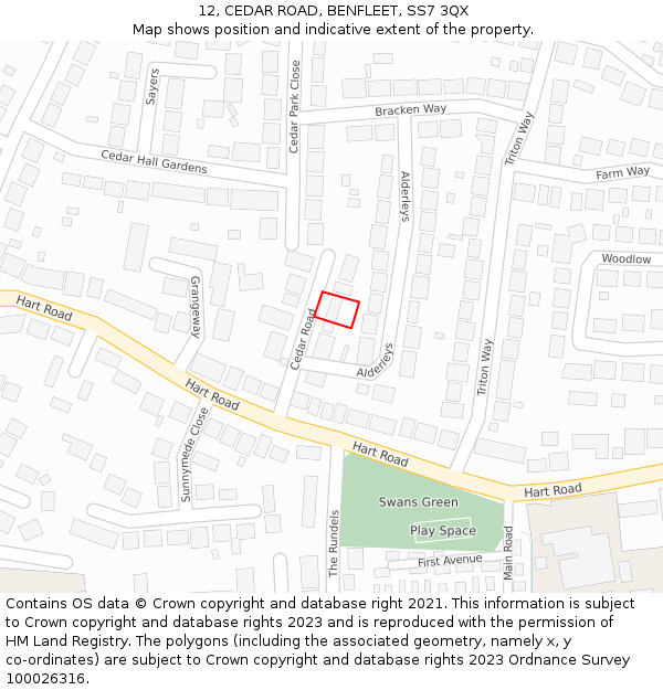 12, CEDAR ROAD, BENFLEET, SS7 3QX: Location map and indicative extent of plot