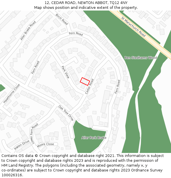 12, CEDAR ROAD, NEWTON ABBOT, TQ12 4NY: Location map and indicative extent of plot