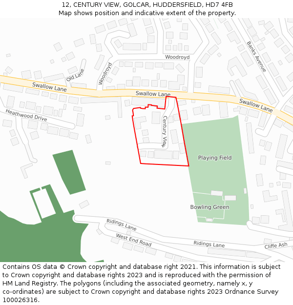 12, CENTURY VIEW, GOLCAR, HUDDERSFIELD, HD7 4FB: Location map and indicative extent of plot