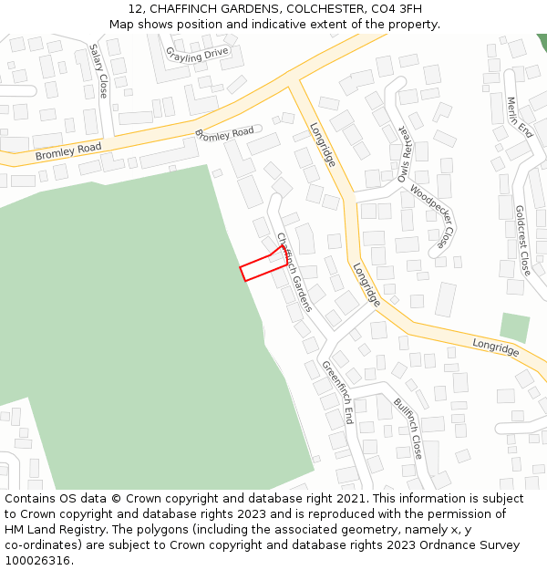12, CHAFFINCH GARDENS, COLCHESTER, CO4 3FH: Location map and indicative extent of plot