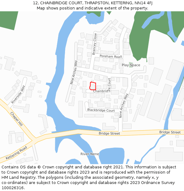 12, CHAINBRIDGE COURT, THRAPSTON, KETTERING, NN14 4FJ: Location map and indicative extent of plot