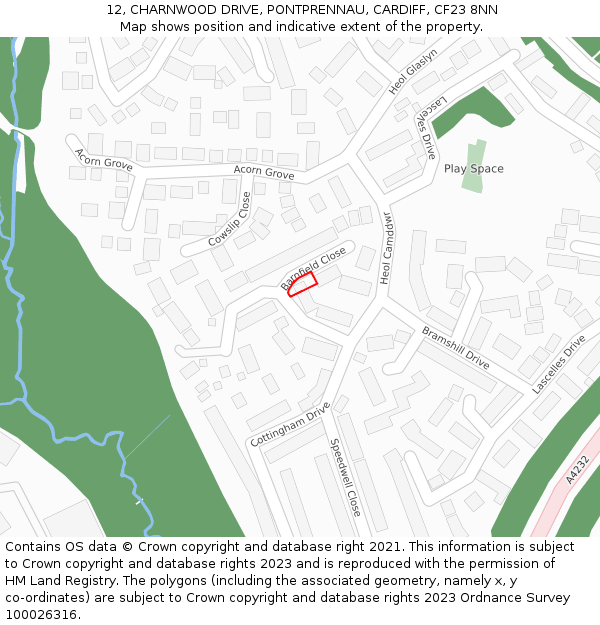 12, CHARNWOOD DRIVE, PONTPRENNAU, CARDIFF, CF23 8NN: Location map and indicative extent of plot