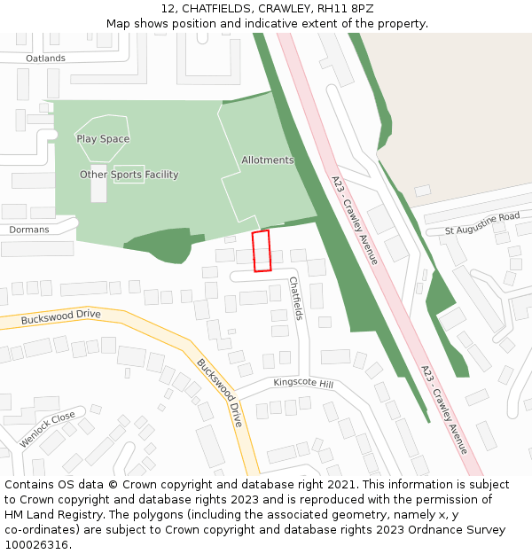 12, CHATFIELDS, CRAWLEY, RH11 8PZ: Location map and indicative extent of plot