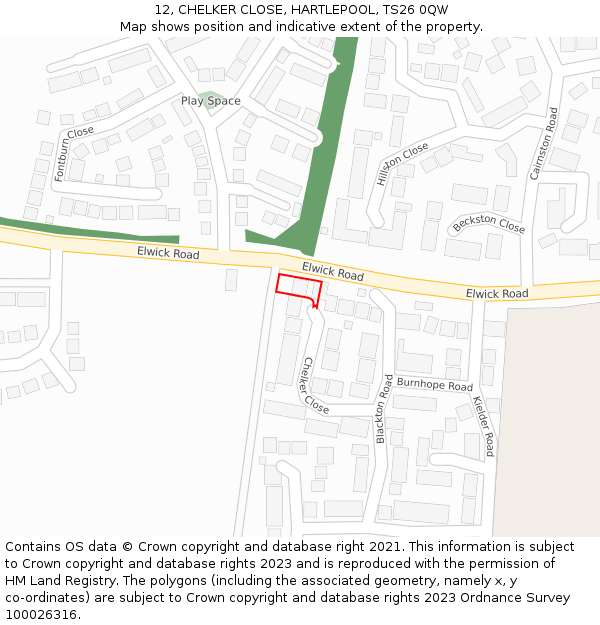 12, CHELKER CLOSE, HARTLEPOOL, TS26 0QW: Location map and indicative extent of plot