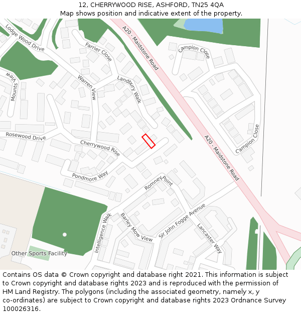 12, CHERRYWOOD RISE, ASHFORD, TN25 4QA: Location map and indicative extent of plot
