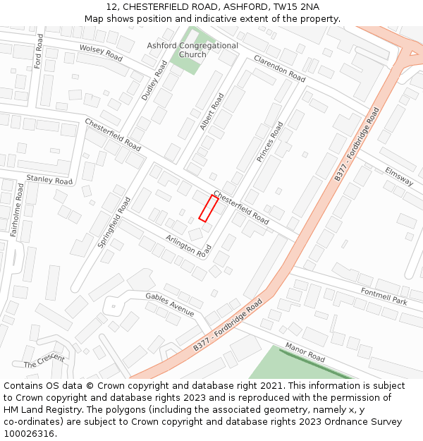 12, CHESTERFIELD ROAD, ASHFORD, TW15 2NA: Location map and indicative extent of plot