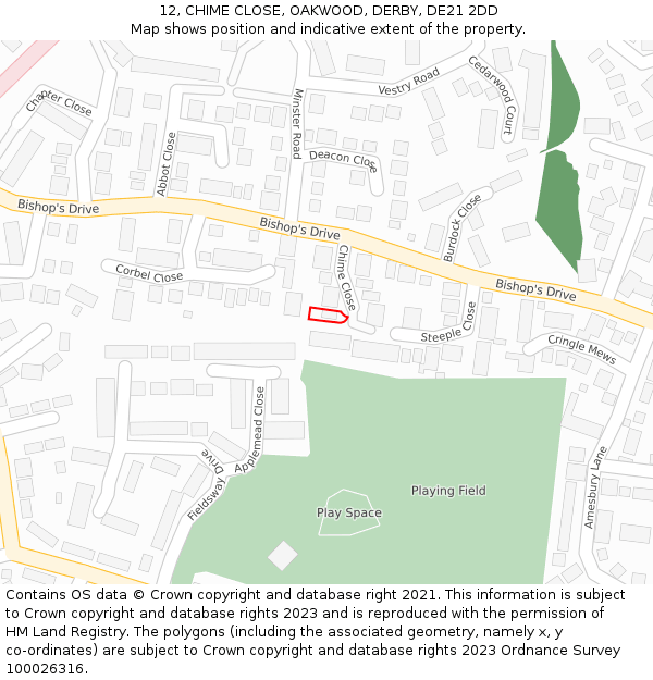 12, CHIME CLOSE, OAKWOOD, DERBY, DE21 2DD: Location map and indicative extent of plot