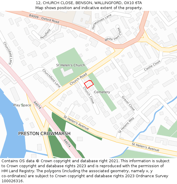 12, CHURCH CLOSE, BENSON, WALLINGFORD, OX10 6TA: Location map and indicative extent of plot