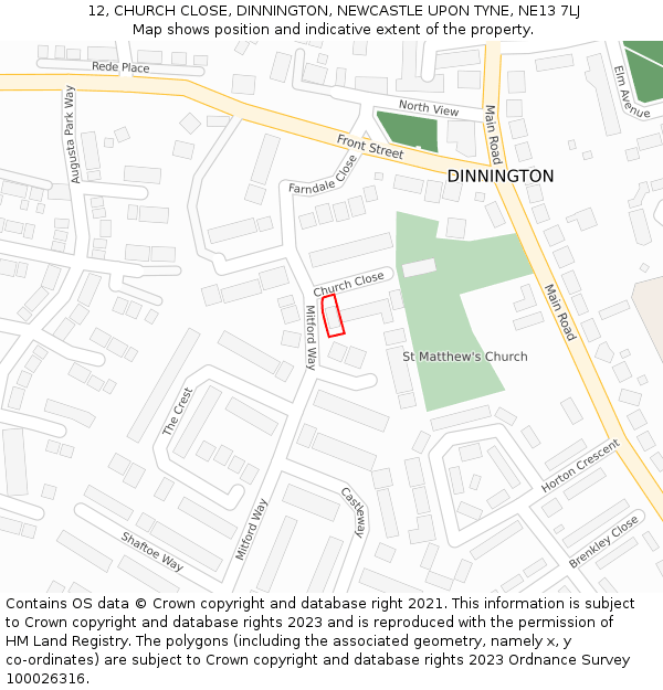 12, CHURCH CLOSE, DINNINGTON, NEWCASTLE UPON TYNE, NE13 7LJ: Location map and indicative extent of plot