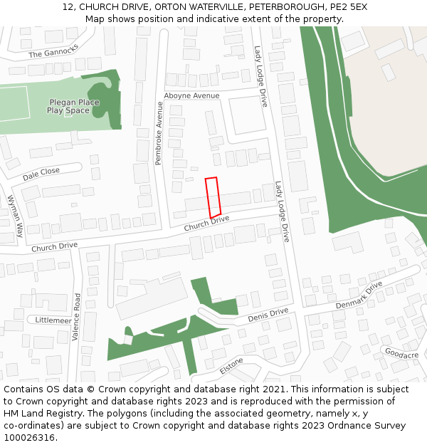 12, CHURCH DRIVE, ORTON WATERVILLE, PETERBOROUGH, PE2 5EX: Location map and indicative extent of plot