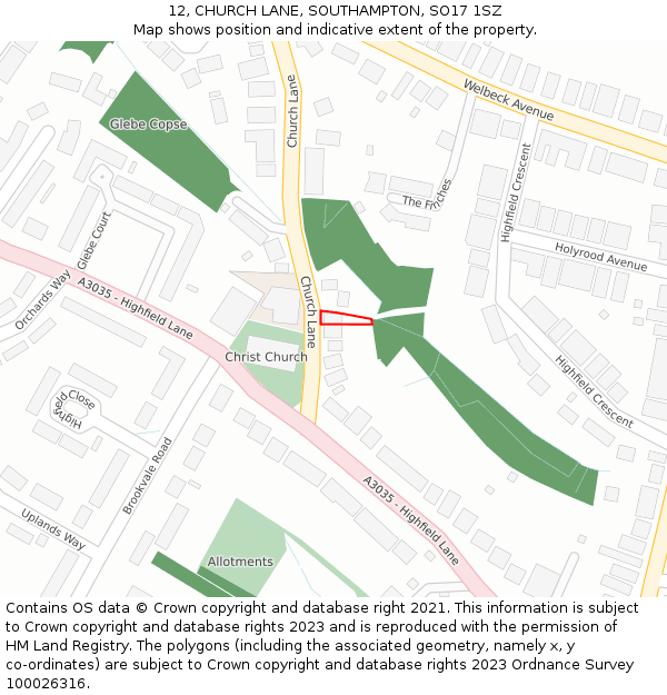 12, CHURCH LANE, SOUTHAMPTON, SO17 1SZ: Location map and indicative extent of plot