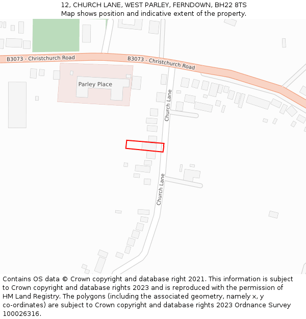 12, CHURCH LANE, WEST PARLEY, FERNDOWN, BH22 8TS: Location map and indicative extent of plot