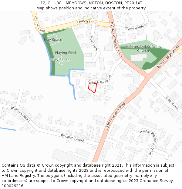 12, CHURCH MEADOWS, KIRTON, BOSTON, PE20 1XT: Location map and indicative extent of plot