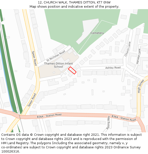 12, CHURCH WALK, THAMES DITTON, KT7 0NW: Location map and indicative extent of plot