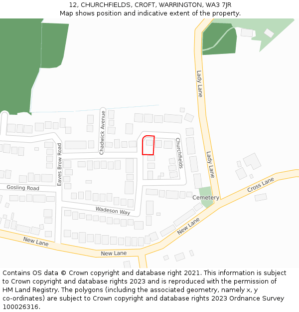 12, CHURCHFIELDS, CROFT, WARRINGTON, WA3 7JR: Location map and indicative extent of plot