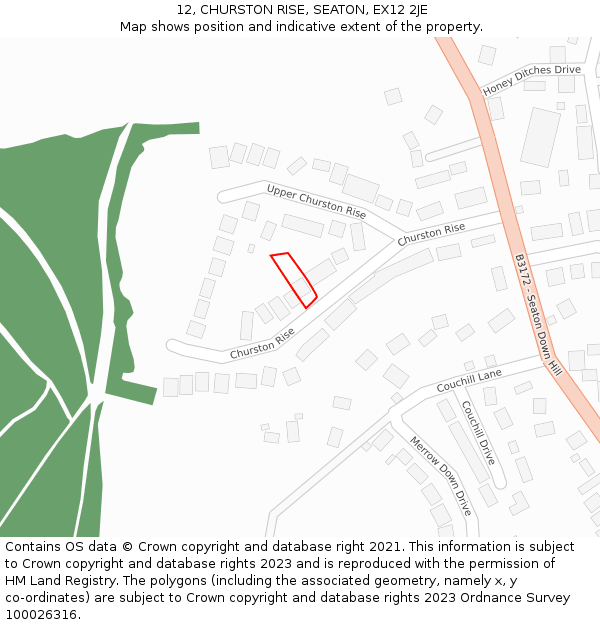 12, CHURSTON RISE, SEATON, EX12 2JE: Location map and indicative extent of plot