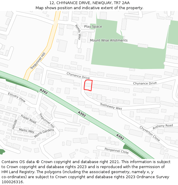 12, CHYNANCE DRIVE, NEWQUAY, TR7 2AA: Location map and indicative extent of plot