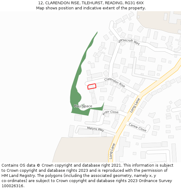 12, CLARENDON RISE, TILEHURST, READING, RG31 6XX: Location map and indicative extent of plot