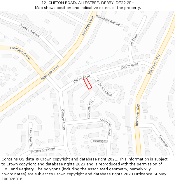 12, CLIFTON ROAD, ALLESTREE, DERBY, DE22 2PH: Location map and indicative extent of plot