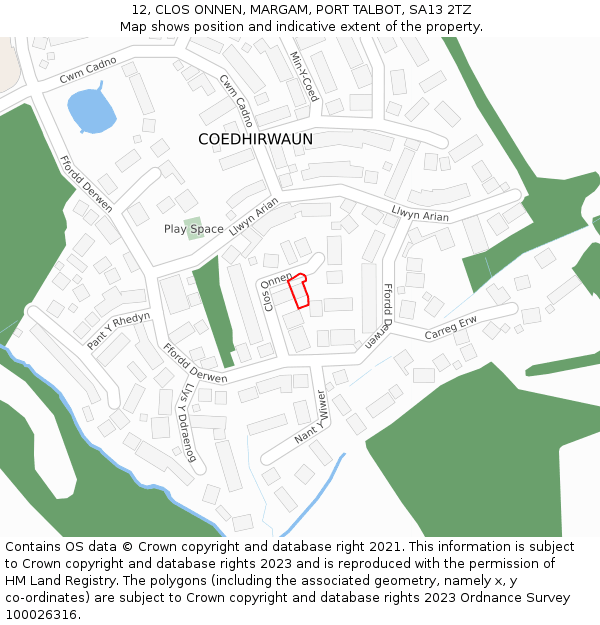 12, CLOS ONNEN, MARGAM, PORT TALBOT, SA13 2TZ: Location map and indicative extent of plot