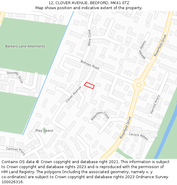 12, CLOVER AVENUE, BEDFORD, MK41 0TZ: Location map and indicative extent of plot