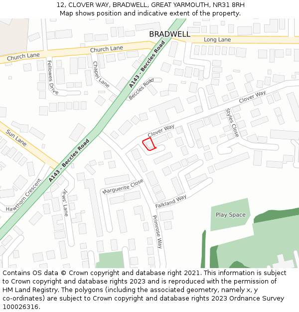 12, CLOVER WAY, BRADWELL, GREAT YARMOUTH, NR31 8RH: Location map and indicative extent of plot