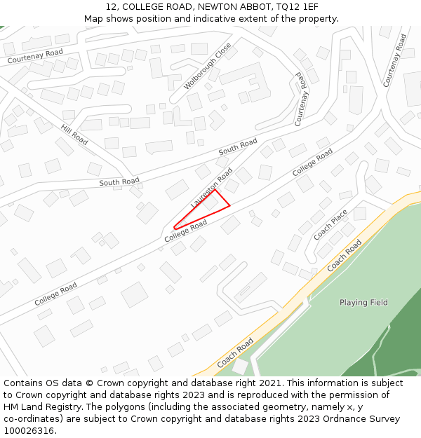 12, COLLEGE ROAD, NEWTON ABBOT, TQ12 1EF: Location map and indicative extent of plot