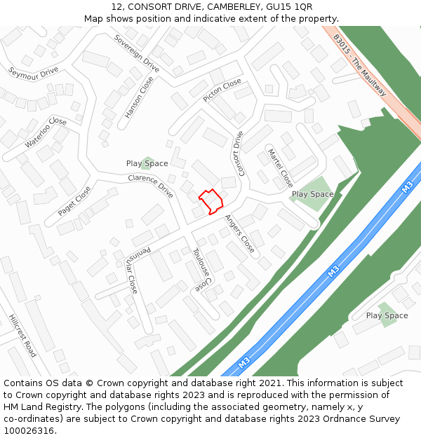 12, CONSORT DRIVE, CAMBERLEY, GU15 1QR: Location map and indicative extent of plot