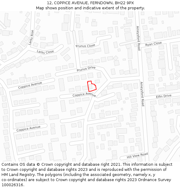 12, COPPICE AVENUE, FERNDOWN, BH22 9PX: Location map and indicative extent of plot