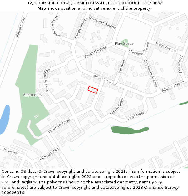 12, CORIANDER DRIVE, HAMPTON VALE, PETERBOROUGH, PE7 8NW: Location map and indicative extent of plot