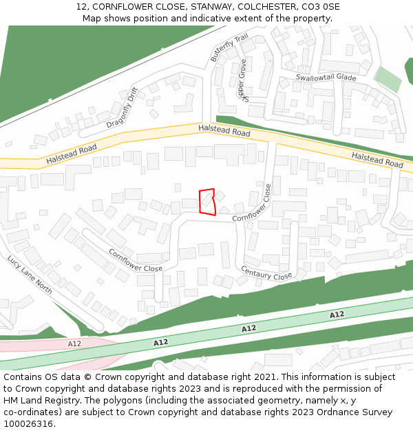 12, CORNFLOWER CLOSE, STANWAY, COLCHESTER, CO3 0SE: Location map and indicative extent of plot