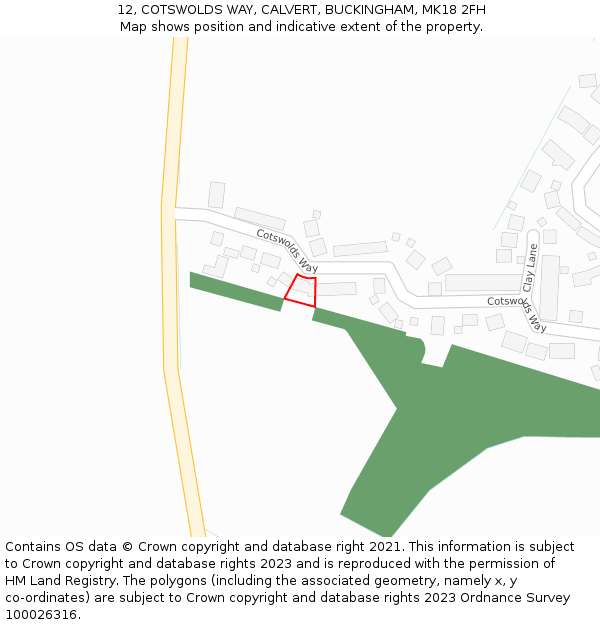 12, COTSWOLDS WAY, CALVERT, BUCKINGHAM, MK18 2FH: Location map and indicative extent of plot