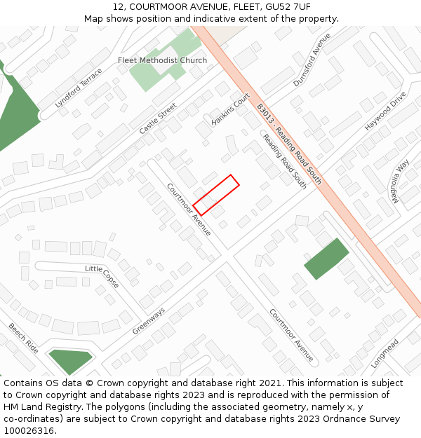 12, COURTMOOR AVENUE, FLEET, GU52 7UF: Location map and indicative extent of plot
