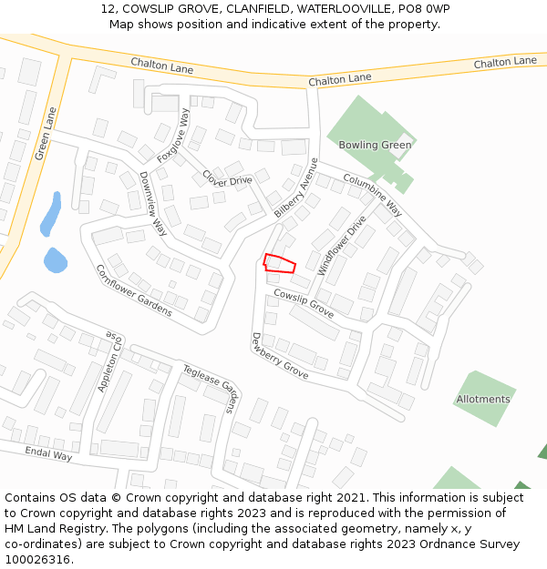 12, COWSLIP GROVE, CLANFIELD, WATERLOOVILLE, PO8 0WP: Location map and indicative extent of plot